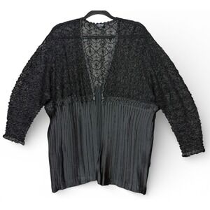 Komarov Night and Day Lace Pleated Cardigan Kimono Jacket Womens M Black Open